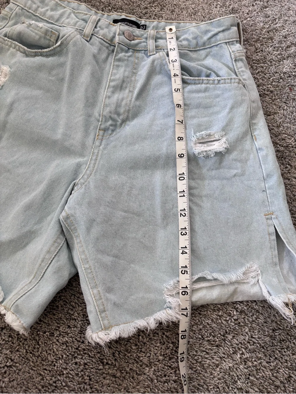 PrettyLittleThing Light Blue Distressed Ripped Long Denim Shorts Womens Size 8